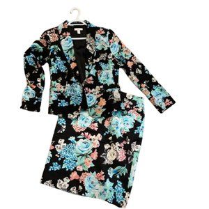 VINTAGE Blue Black Floral Skirt Suit Size Small